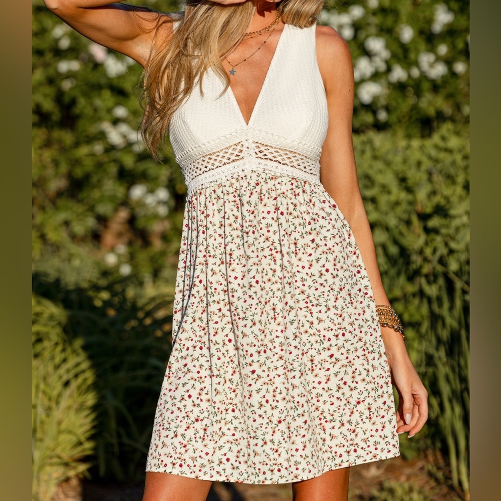 Cupshe White and Red Floral Mini Dress.  New